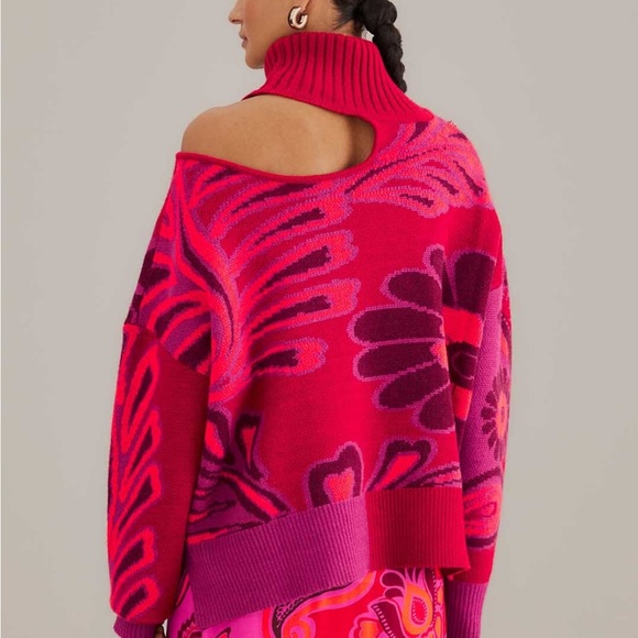 NWT Farm Rio pink bold floral knit sweater with one shoulder cut out, size XL - Picture 6 of 10